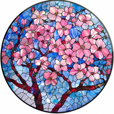 Rózsaszín cseresznyevirágzás, ólomüveg hatású ablakmatrica