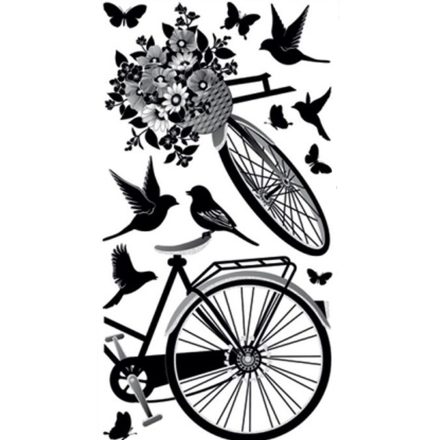 Röpködő madárkák a virágos kerékpárnál, falmatrica